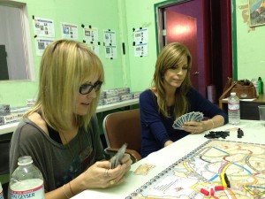 Emma, Anne and I, being given a run-through of Ticket to Ride Europe BEFORE THE BLOOSHED BEGAN!